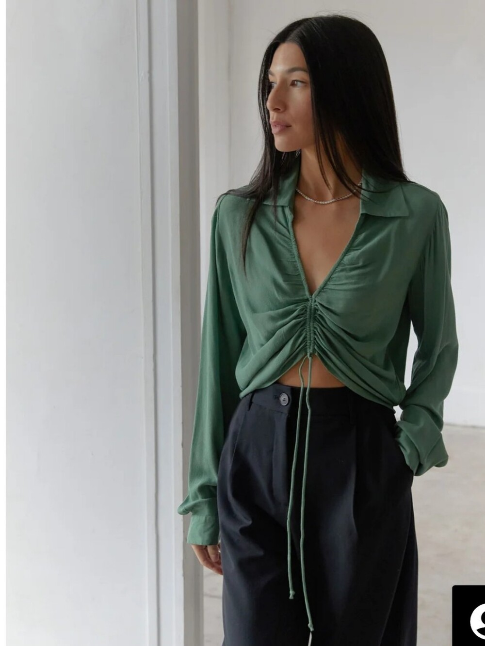 OAK + FORT Green Ruched Drawstring Collared Blouse Large